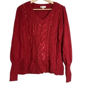 A624271 JINGLE BELLES by Kim Gravel Sparkling Sequin V Neck Sweater Raven Red XS